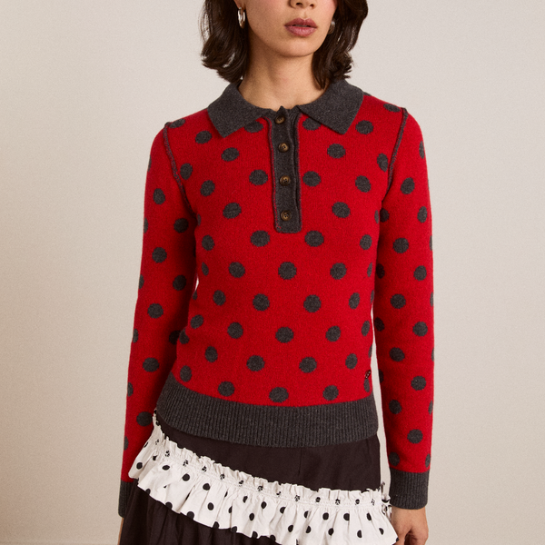 lia merino wool reversible polo jumper - red/grey spot