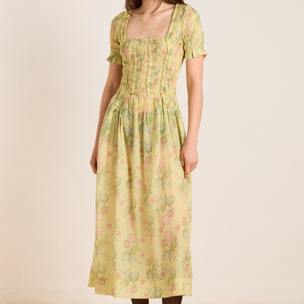 raphaela ruffle midi dress - sheer tulip olive