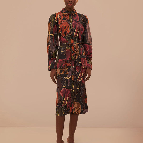 Brown Elephants Long Sleeve Midi Dress