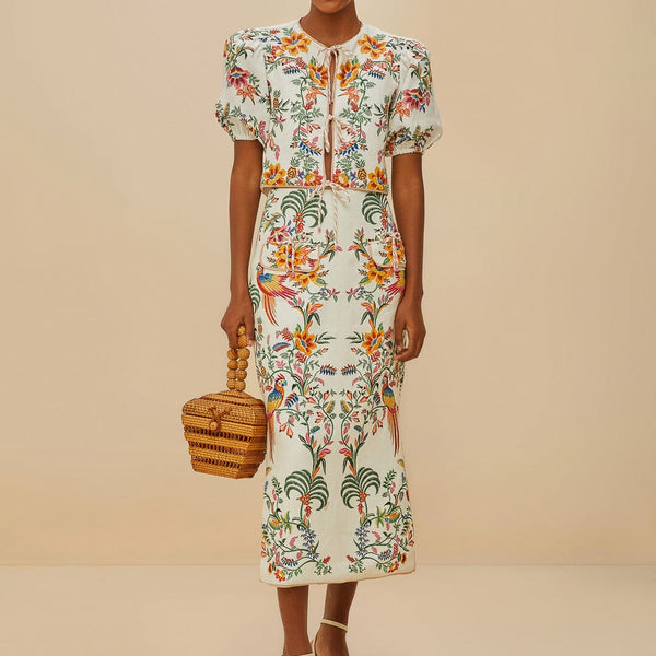 Off-White Delicate Forest Euroflax™ Premium Linen Midi Skirt