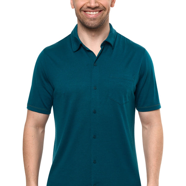 Men's Merino Button-Up Short Sleeve Shirt Deep Teal