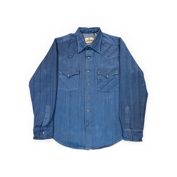 Hand loomed hank dyed Natural indigo Western selvedge denim shirt with brown Trocus Pearl snaps
